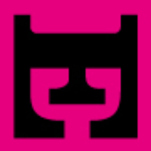 EHB Creative freelance graphic design and creative artworker uk logo. Black letter E on side to form a face. Clear areas created from this represent the E, H and B of the name. Magenta background.
